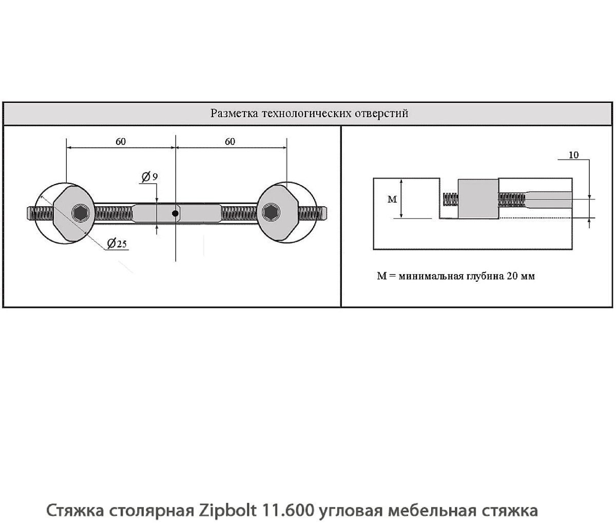 Стяжка столярная ZipBolt 11.600 угловая мебельная стяжка