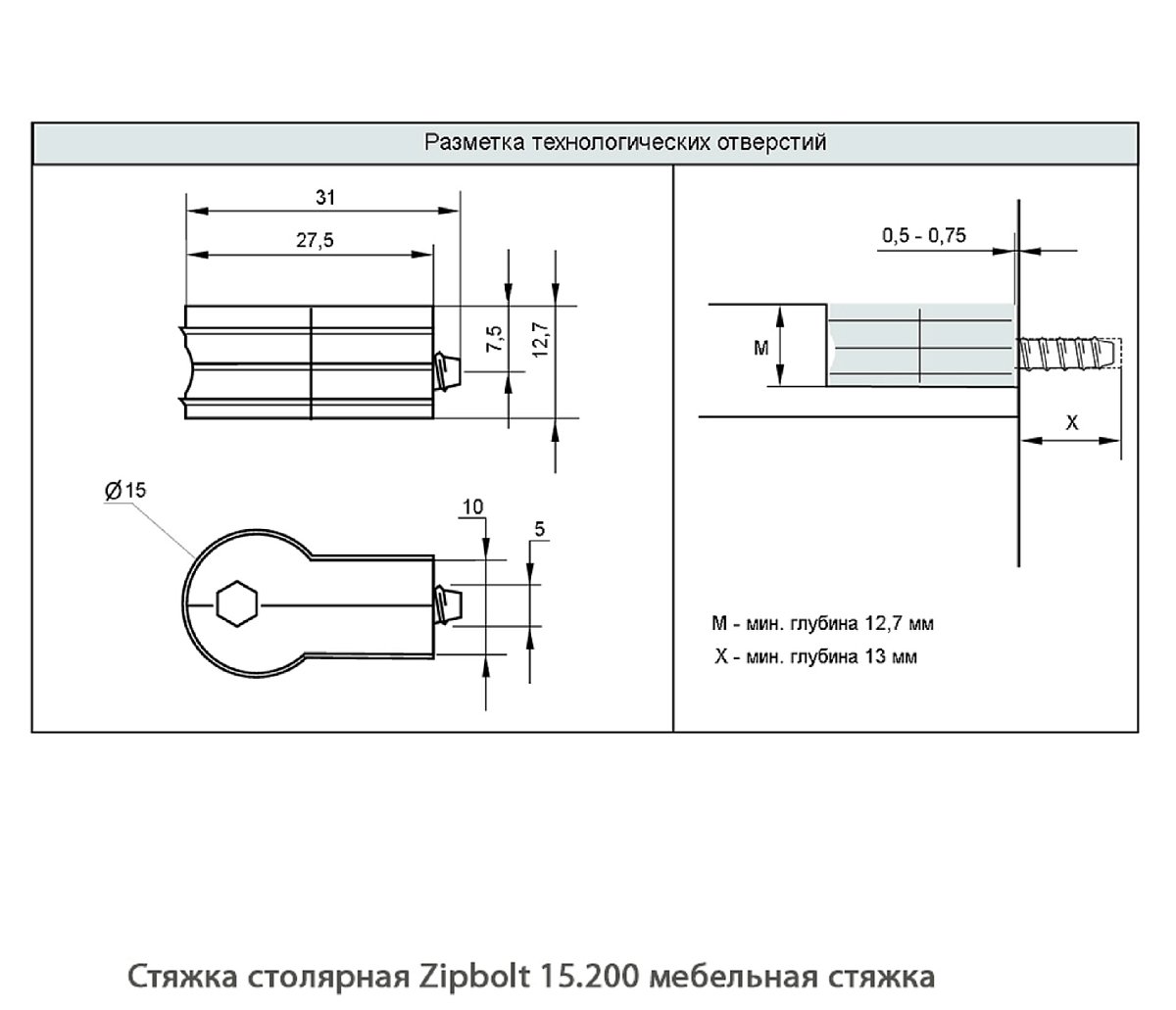 Стяжка столярная ZipBolt 15.200 мебельная стяжка